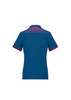 A women's short sleeve polo shirt in blue with a patterned back and maroon accents. It features a logo.