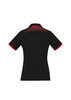 A black women's polo shirt featuring short sleeves and a grid pattern detail in red on the back.