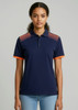 A navy women's short sleeve polo shirt with orange accents and a patterned design on the shoulders. Features a logo.