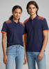 A navy blue short sleeve polo shirt with orange accents and a patterned design on the shoulders, featuring a logo.