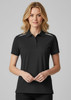A black women's short sleeve polo shirt with a collar and subtle shoulder detailing. It features a logo.