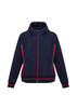 A navy jacket with red accents and a hood, featuring zippered pockets and a fitted design. Includes branding.