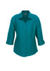 Teal ladies' 3/4 sleeve shirt with a button-down front and collared neckline, featuring a branding logo.