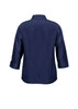 A navy blue ladies' shirt with 3/4 sleeves and a collar, featuring a logo on the back.