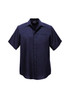 A plain short sleeve button-up shirt in dark navy with a logo on the chest.