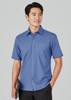 Plain short sleeve shirt in blue, featuring a button-up front and a smooth texture. Branded logo present.