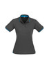 A women's short sleeve polo shirt in dark grey with blue detailing and a logo on the chest.