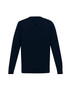 A navy blue mens knit pullover with long sleeves and a crew neck design. Features a logo on the back.