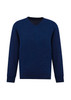 A navy blue men's knitted pullover with a V-neck and long sleeves, featuring a logo.
