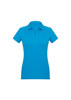 A women's short sleeve polo shirt in a vibrant blue colour, featuring a collar and a logo.