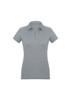 A women's short sleeve polo shirt in a light grey colour, featuring a classic collar and a logo.