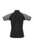 A black women's polo shirt features grey accents and a logo. The design includes short sleeves and a collar.