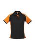 A women's polo shirt featuring black with orange accents and a logo. Short sleeves and a classic collar design.