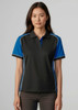 A women's polo shirt featuring short sleeves, in black with blue accents and a logo.