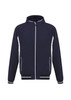 A soft shell jacket in navy blue with white accents and a zip front, featuring side pockets and a logo.
