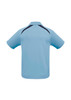 A short sleeve polo shirt in light blue with dark blue accents and a logo on the back.