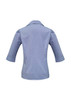 A women's blue 3/4 sleeve button-up shirt with a fitted design and a collar, featuring a back view.