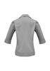 A 3/4 sleeve button-up shirt in grey with a fitted back and a collar, featuring subtle striped patterns.