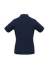 A navy short sleeve polo shirt with a classic collar and a logo at the neck.