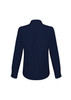 A navy blue women's button-up shirt with long sleeves and a collar, featuring a back pleat design.