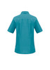 A teal ladies overblouse featuring a collared neck and short sleeves, with a logo on the back.