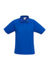 A blue men's short sleeve polo shirt featuring a collar and a logo on the chest.