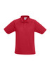A red men's short sleeve polo shirt featuring a collar and logo.