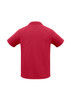 A red men's short sleeve polo shirt featuring a collar and a logo.