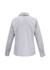 A women's button-up long sleeve shirt in light grey with a collar and sleeves buttoned at the cuffs.