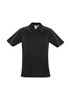 A black men's short sleeve polo shirt with contrasting stitching and a logo.