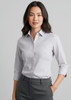 A light grey women's button-up shirt with 3/4 sleeves, featuring a collar and a front button closure.