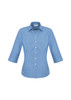 A women's blue and white checkered button-up shirt with 3/4 sleeves and a collar.