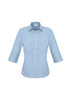 A blue and white checked women's 3/4 sleeve button-up shirt with a collar and a logo.