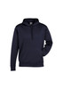 A navy men's hoodie featuring a front pocket and a drawstring hood. The design includes a logo on the front.