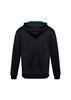 A black hoodie featuring a teal lining, designed for kids, with a logo on the back.