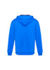 A blue hoodie with a hood, featuring a plain back design and long sleeves. The item includes a logo.