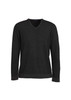 A black men's pullover sweater with a V-neck and long sleeves, featuring ribbed cuffs and hem, and a logo.