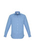 A blue and white striped long sleeve button-up shirt with a chest pocket and a logo on the label.