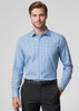 A long sleeve button-up shirt in a blue gingham pattern, featuring a collar and a logo on the chest.