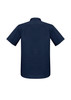 A navy short sleeve button-up shirt with a simple design and a logo on the back.