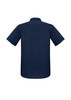 A navy short sleeve button-up shirt with a simple design and a logo on the back.