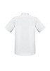 A short-sleeve, button-up shirt in white, featuring a back view and a logo detail.