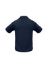 A navy micro waffle short sleeve polo shirt with a collar and branding on the back.