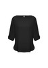 A black women's boatneck top with rolled sleeves and a scooped hem, featuring a back keyhole detail.