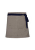 A khaki waist apron with a navy tie, featuring a single back pocket. It has a simple, minimalist design.