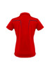 A women's short sleeve polo in vibrant red with a unique design at the back and a branding logo.