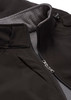 A soft shell jacket in dark grey with a light grey interior, featuring a high collar and zippered pockets.