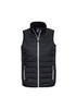 A black puffer vest with a high collar, featuring side zip pockets and a logo on the chest.