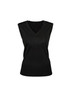 A black women's vest with a V-neckline and sleeveless design, featuring a ribbed hem.