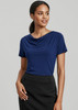 A women's navy top with a draped neckline and short sleeves, paired with a black skirt. Features a logo.